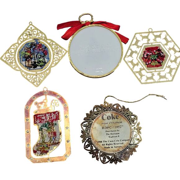 Vintage Cross Stitch Gold Accent Christmas Ornament Set 80s Candy Cane Tree Coke - Picture 2 of 9